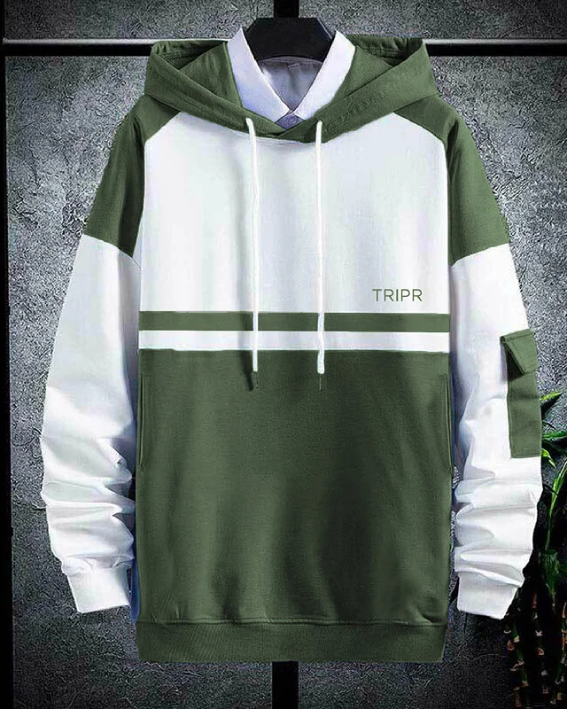 men hooded Olive Green-White Sweatshirt